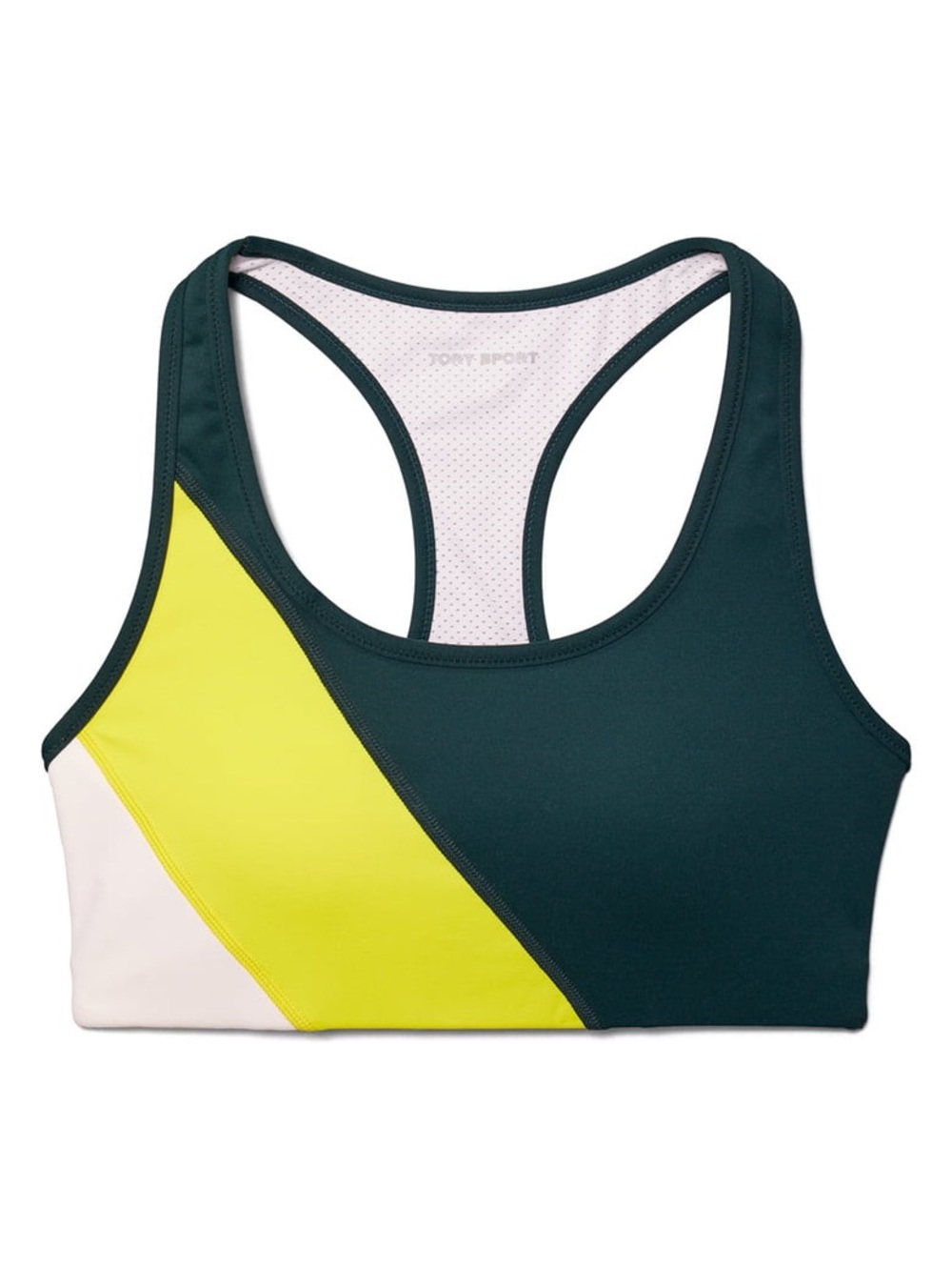 Tory Sport Colorblock Racerback Sports Bra - Dark Green/Yellow/White